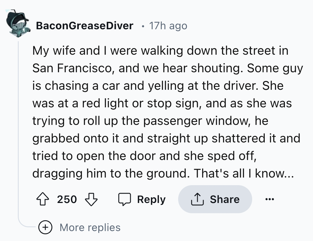 screenshot - BaconGreaseDiver 17h ago My wife and I were walking down the street in San Francisco, and we hear shouting. Some guy is chasing a car and yelling at the driver. She was at a red light or stop sign, and as she was trying to roll up the passeng